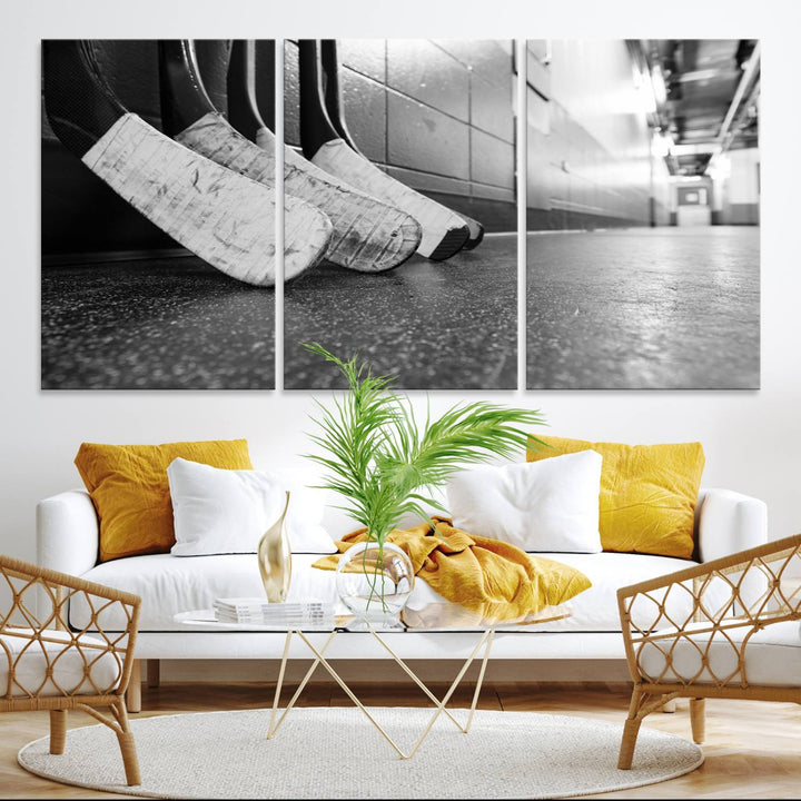 Ice Hockey Wall Art Canvas Print features a UV-protected black and white photo of hockey sticks.