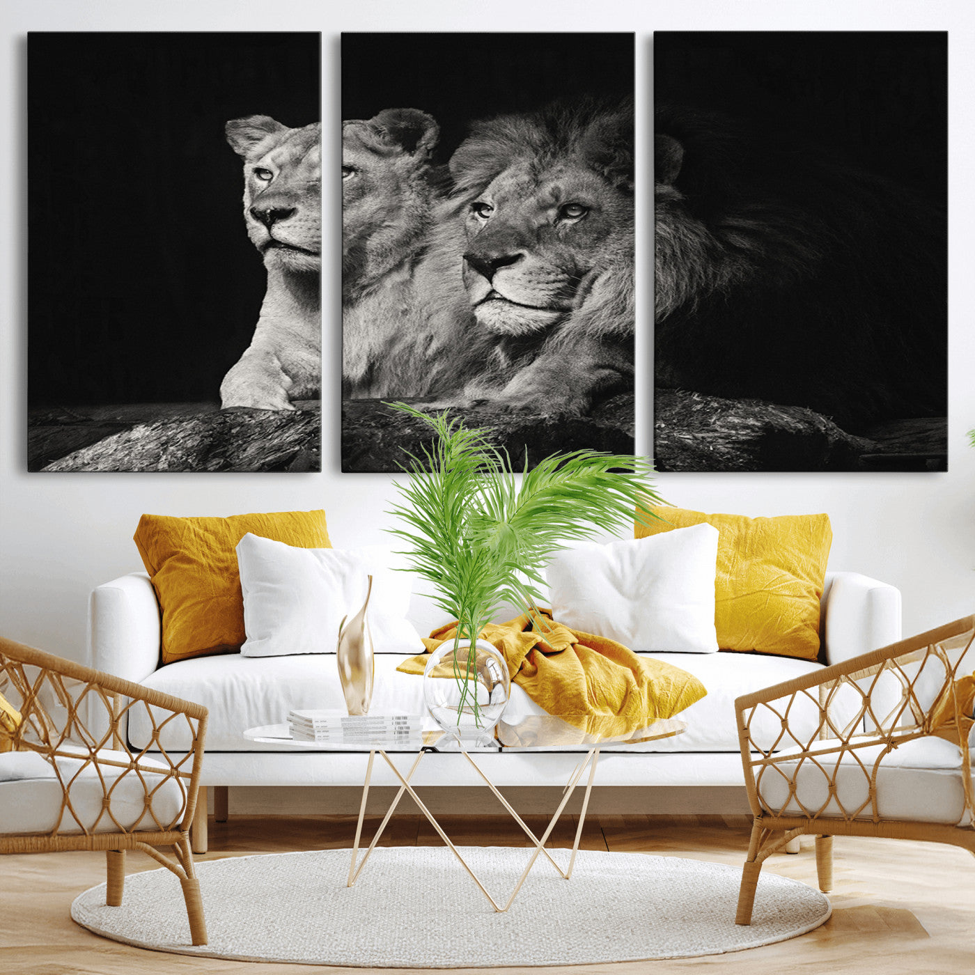 MGV-CV-60X30-3P - Lion Couple Canvas Wall Art Print – Elegant Wildlife Portrait in Black and White Lion Family – Ready to Hang