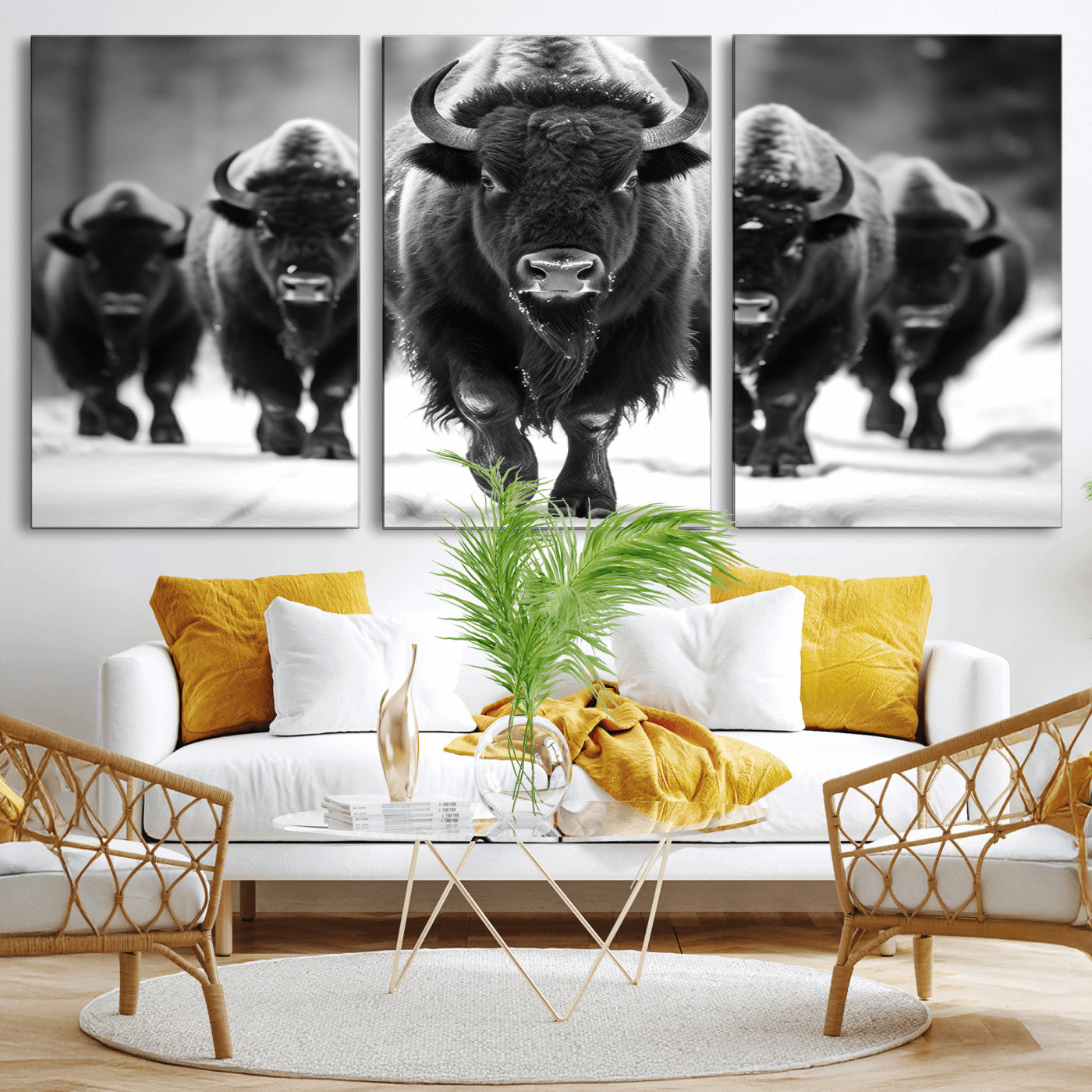MGV-CV-60X30-3P - American Bison Art | Buffalo Herd Wall Art Canvas Print, BW American Bison Herd Wall Art Canvas Print