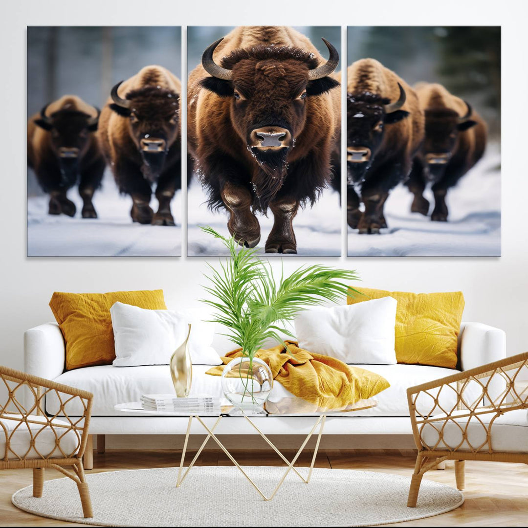 The dining room features an American Bison Herd Canvas Print against the snow.