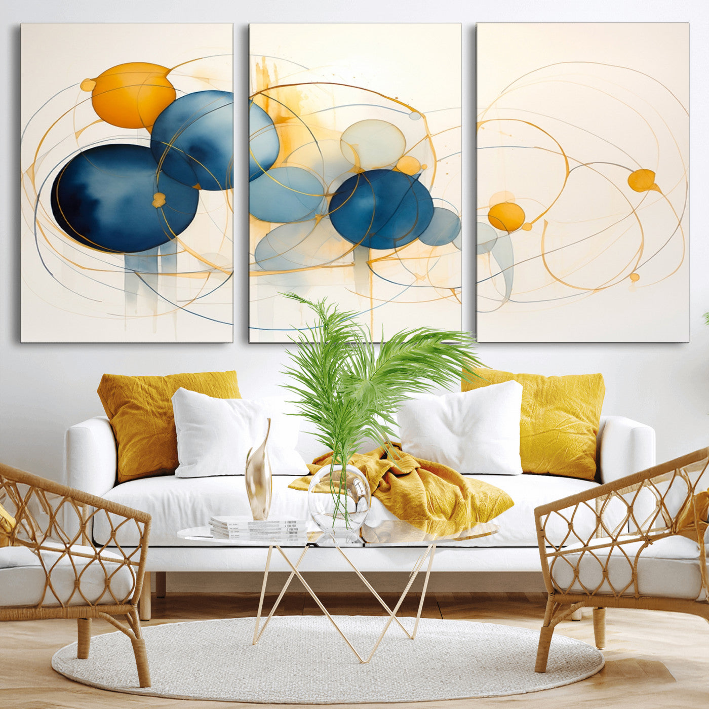 -Geometric Blue Orange Abstract Wall Art Canvas, Geometric Blue Orange Canvas Print