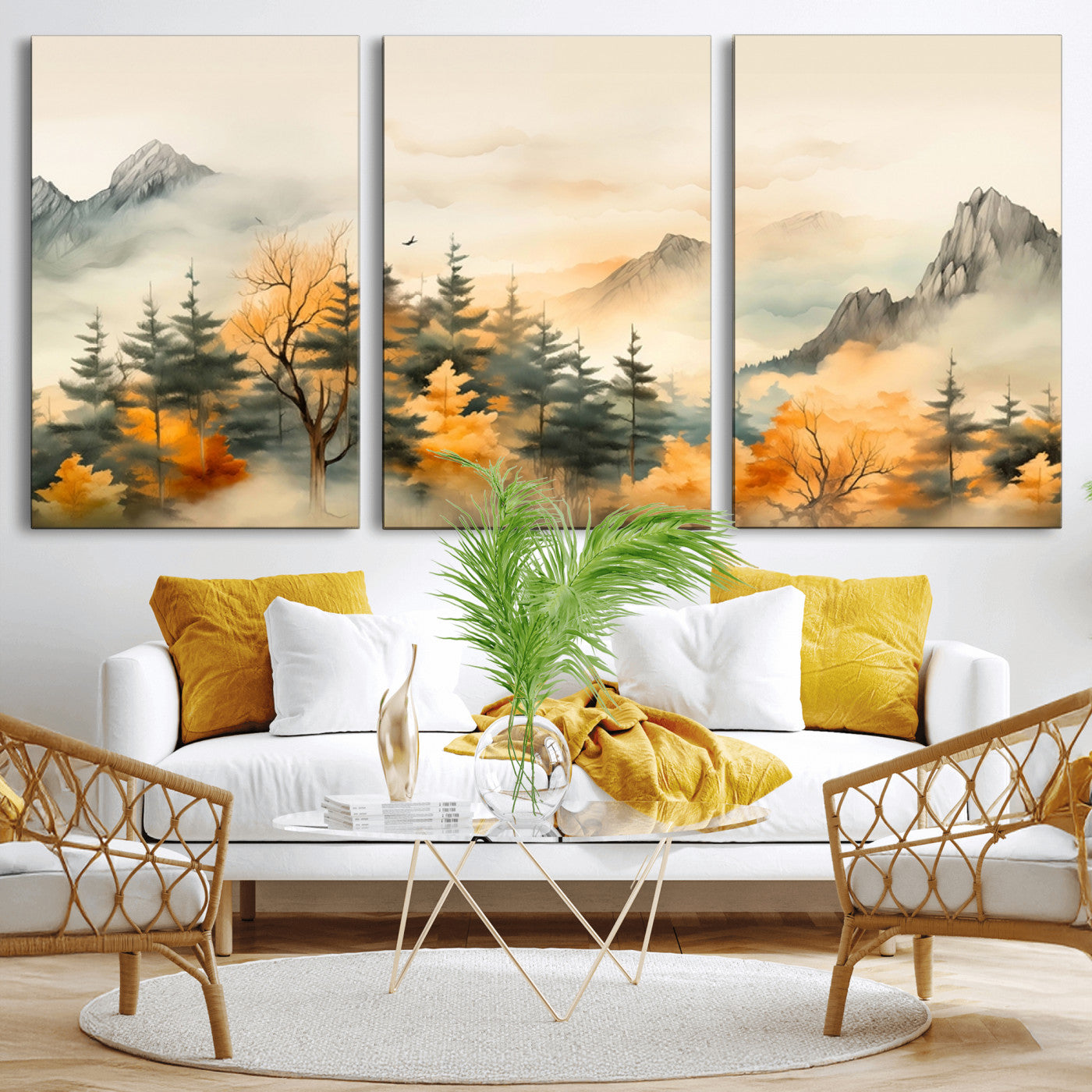 MGV-CV-60X30-3P - Abstract Watercolor Mountains and Trees Autumn Art, Watercolor Mountains and Trees Canvas Print