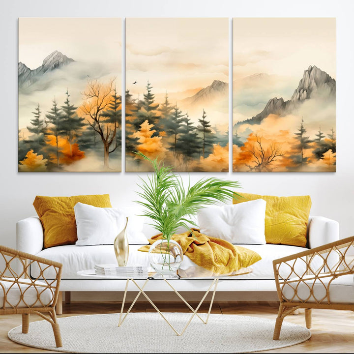 A wall art of Abstract Watercolor Mountains and Trees Autumn on museum-quality canvas.