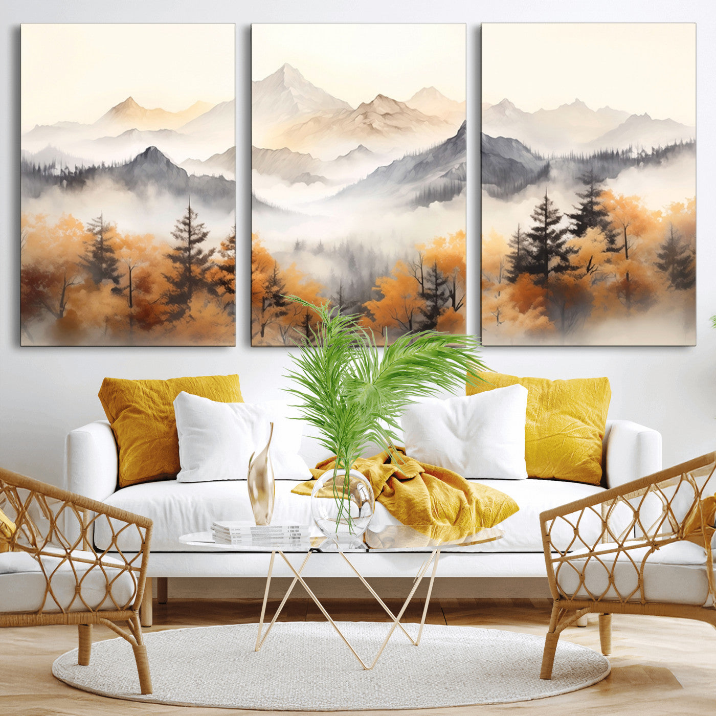 MGV-CV-60X30-3P - Mountain and Forest Landscape Wall Art | Misty Autumn Forest and Mountains Canvas Print for Living Room, Bedroom, Office | Large Wall Art Decor
