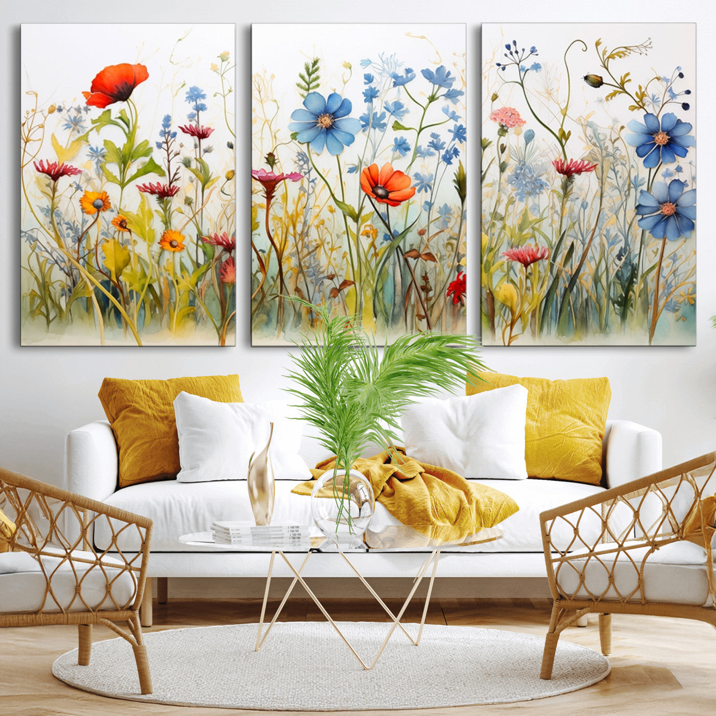 MGV-CV-60X30-3P - Colorful Wildflower Canvas Wall Art - Vibrant Floral Botanical Print, Bright Nature Decor for Living Room, Large 3 Panel Set, Ready to Hang