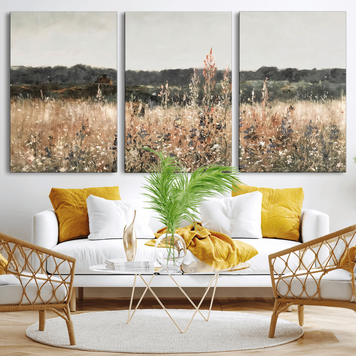 MGV-CV-60X30-3P - Abstract Wildflower Art Field Landscape Oil Painting Print, Country Field Wall Art - Framed Ready to Hang