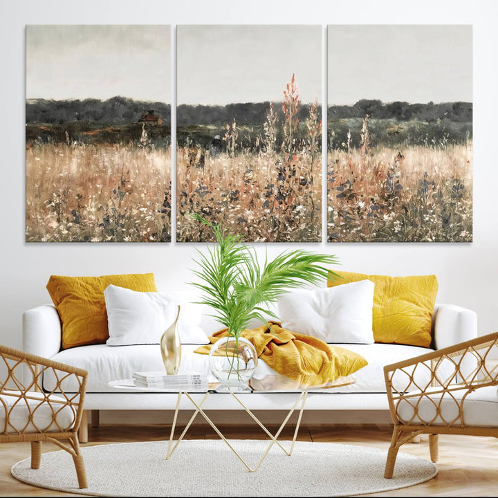 A dining room featuring the Abstract Wildflower Art Field Landscape Oil Painting Print.