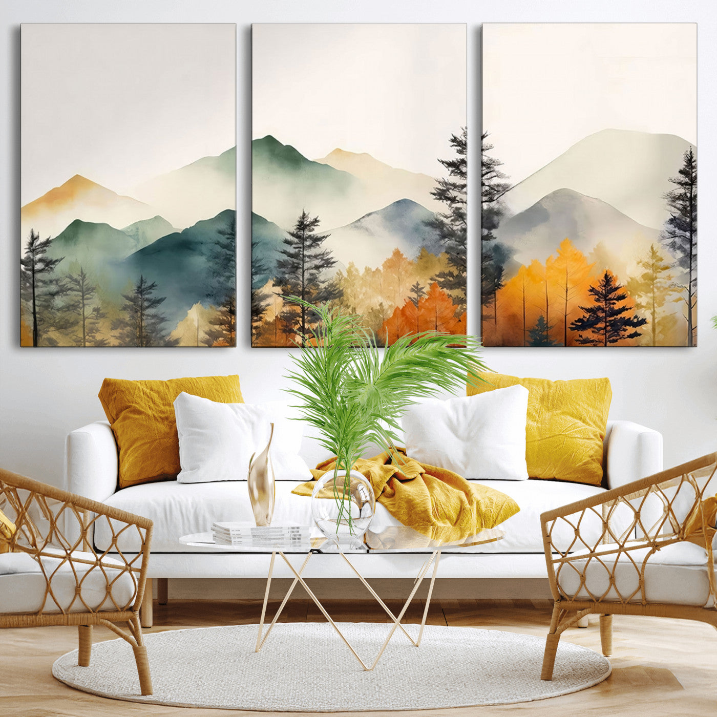 MGV-CV-60X30-3P - Abstract Watercolor Mountains and Trees Autumn Wall Art, Mountains and Trees Autumn Wall Art Canvas