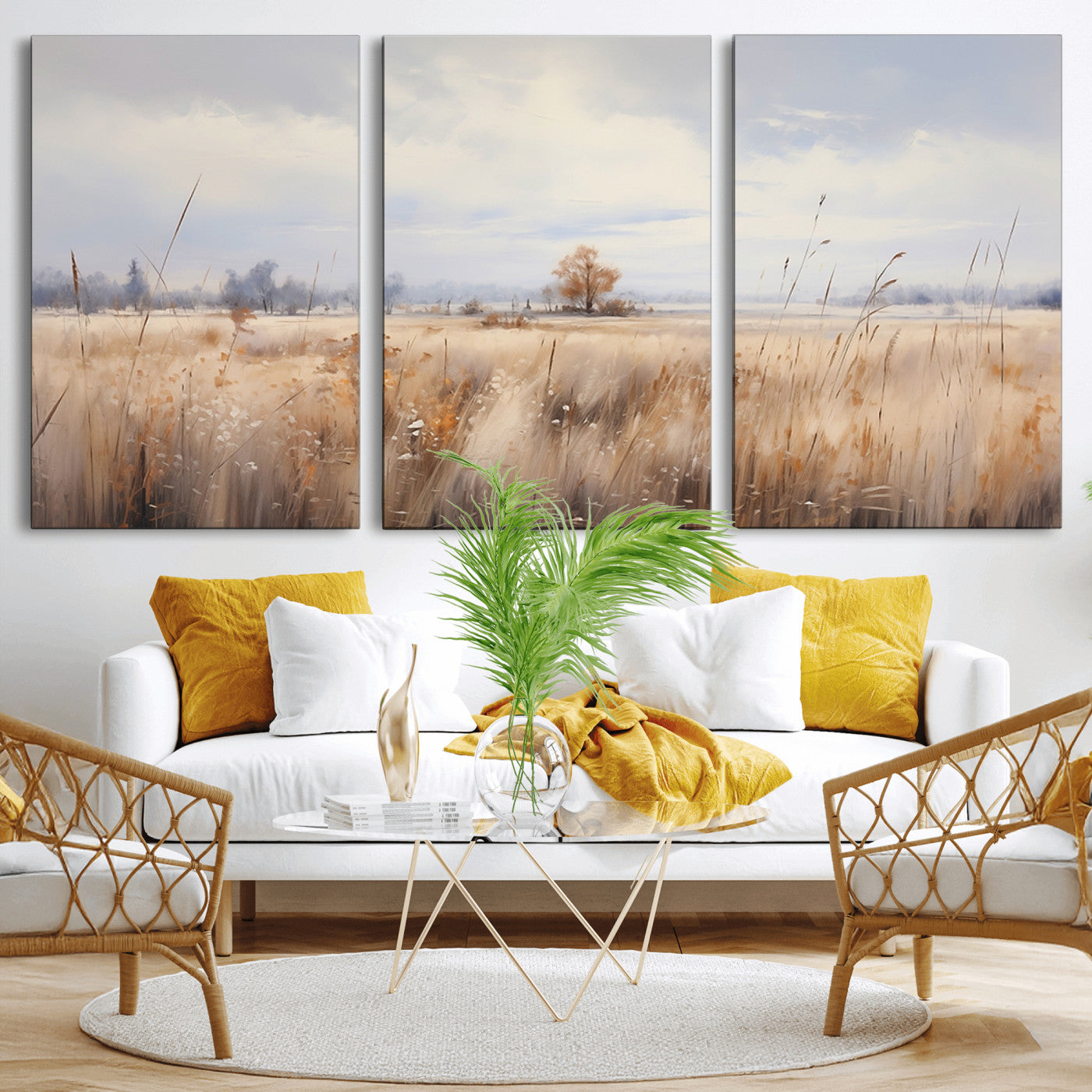 MGV-CV-60X30-3P - Golden Fields Wall Art Print Canvas – Serene Landscape of Nature’s Tranquility in Minimalist for