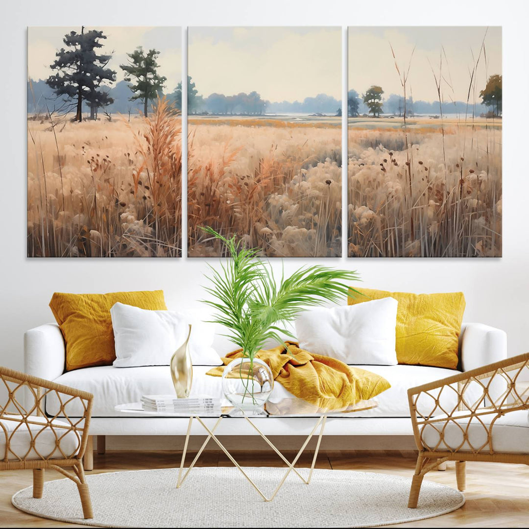 The Golden Fields Canvas Art Print, depicting a serene landscape, adds tranquility with its presence.