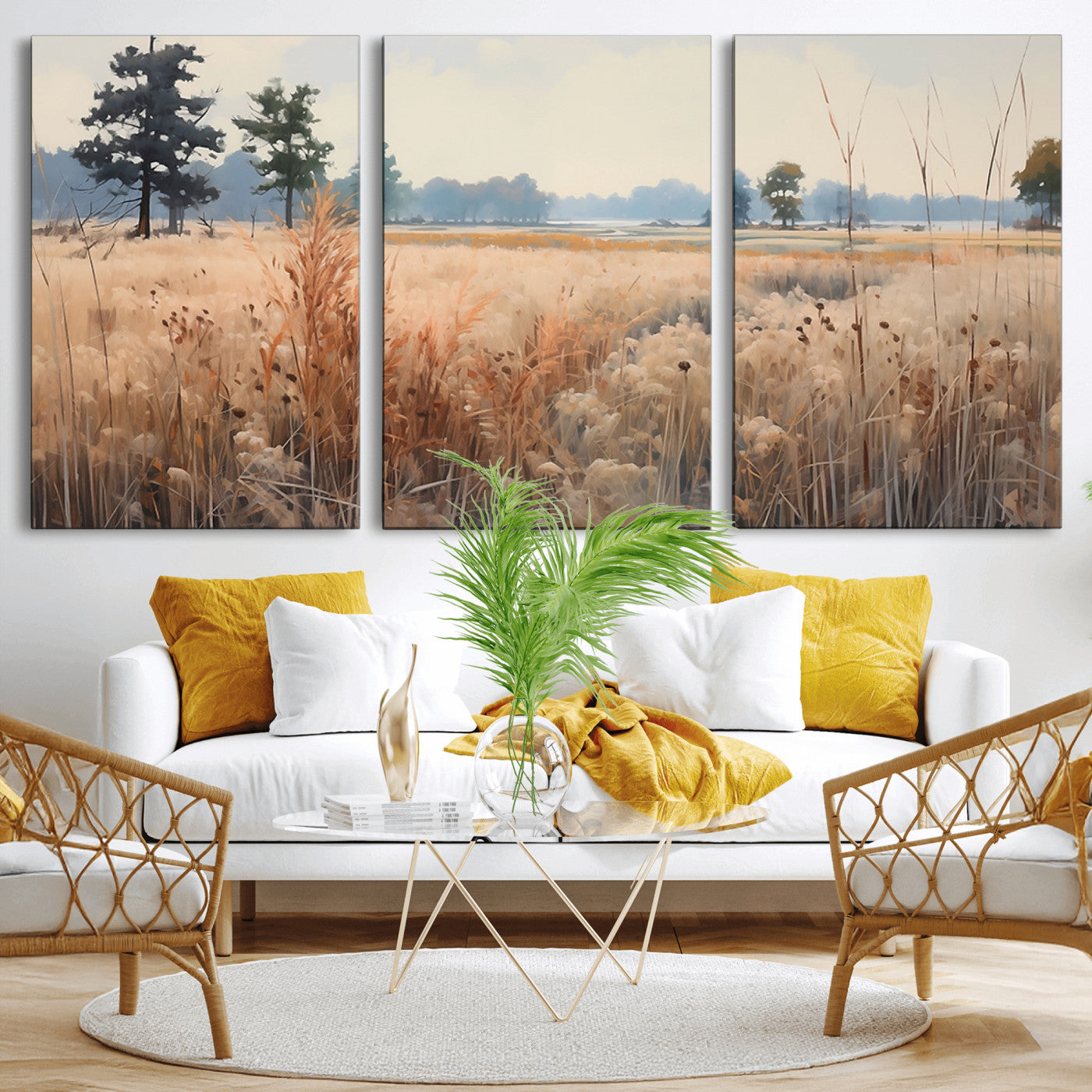 MGV-CV-60X30-3P - Golden Fields Canvas Wall Art Print – Serene Landscape of Nature’s Tranquility in Minimalist Modern Decor