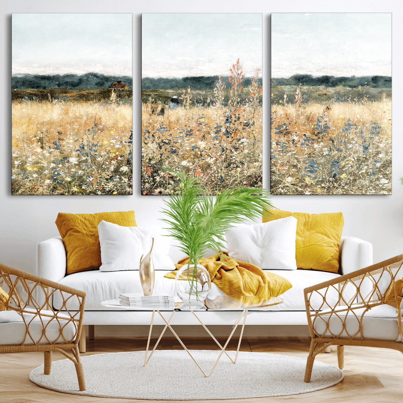 MGV-CV-60X30-3P - Wildflower Field Wall Art Canvas | Nature-Inspired Landscape Canvas Print for Living Room or Office | Rustic Floral Decor