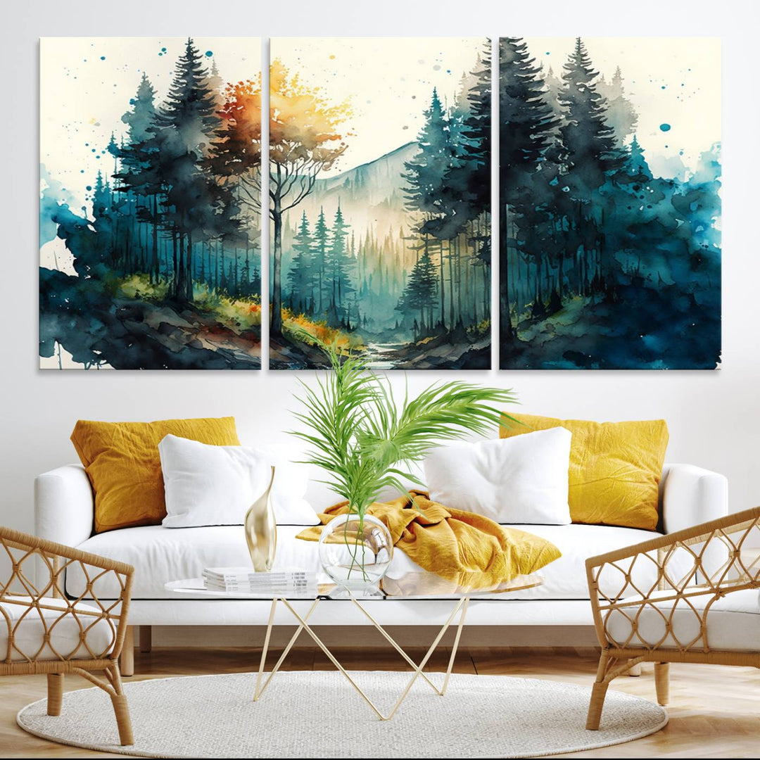 The Watercolor Trees Forest Abstract canvas print is displayed prominently.