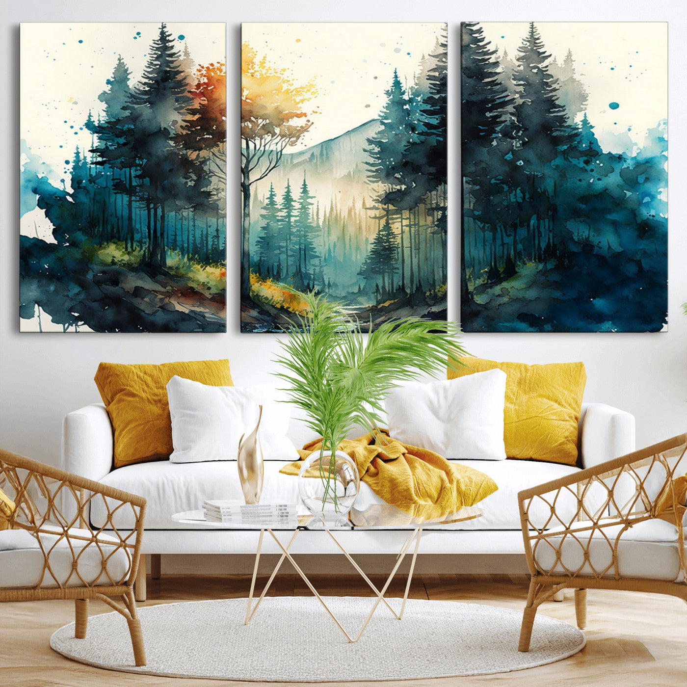 MGV-CV-60X30-3P - Watercolor Trees Forest Abstract Wall Art Canvas Print