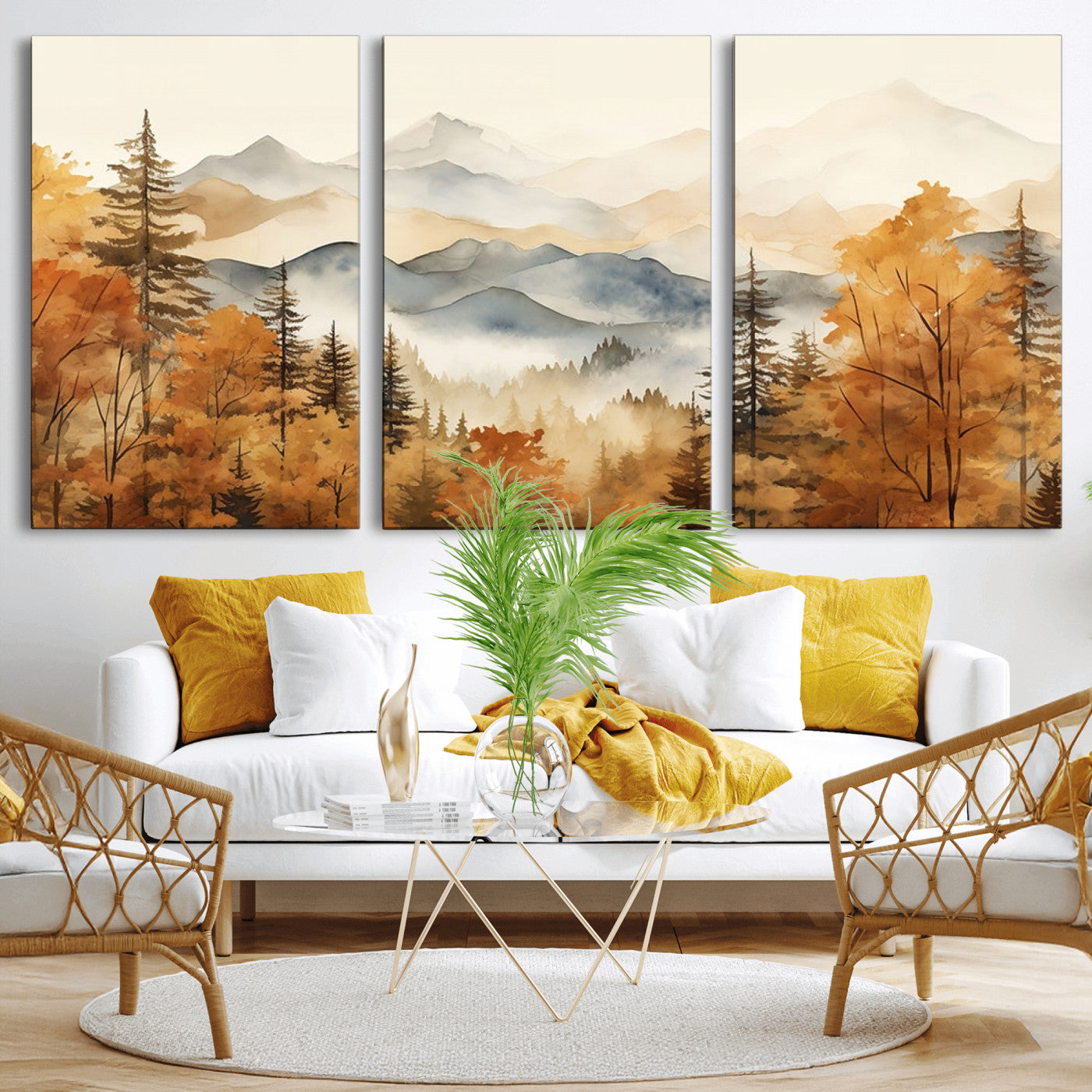 MGV-CV-60X30-3P - Golden Autumn Forest Wall Art | Mountain Landscape Canvas Print for Living Room or Bedroom | Large Wall Decor with Nature-Inspired Design