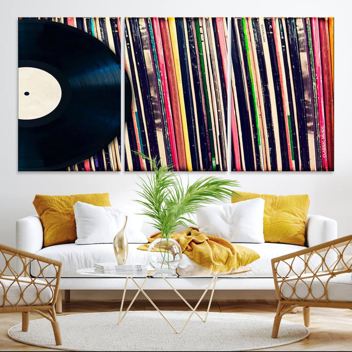 The Vinyl Record and Album Collection Canvas above the dining table enhances the modern kitchen, creating a perfect aesthetic for vintage vinyl lovers.