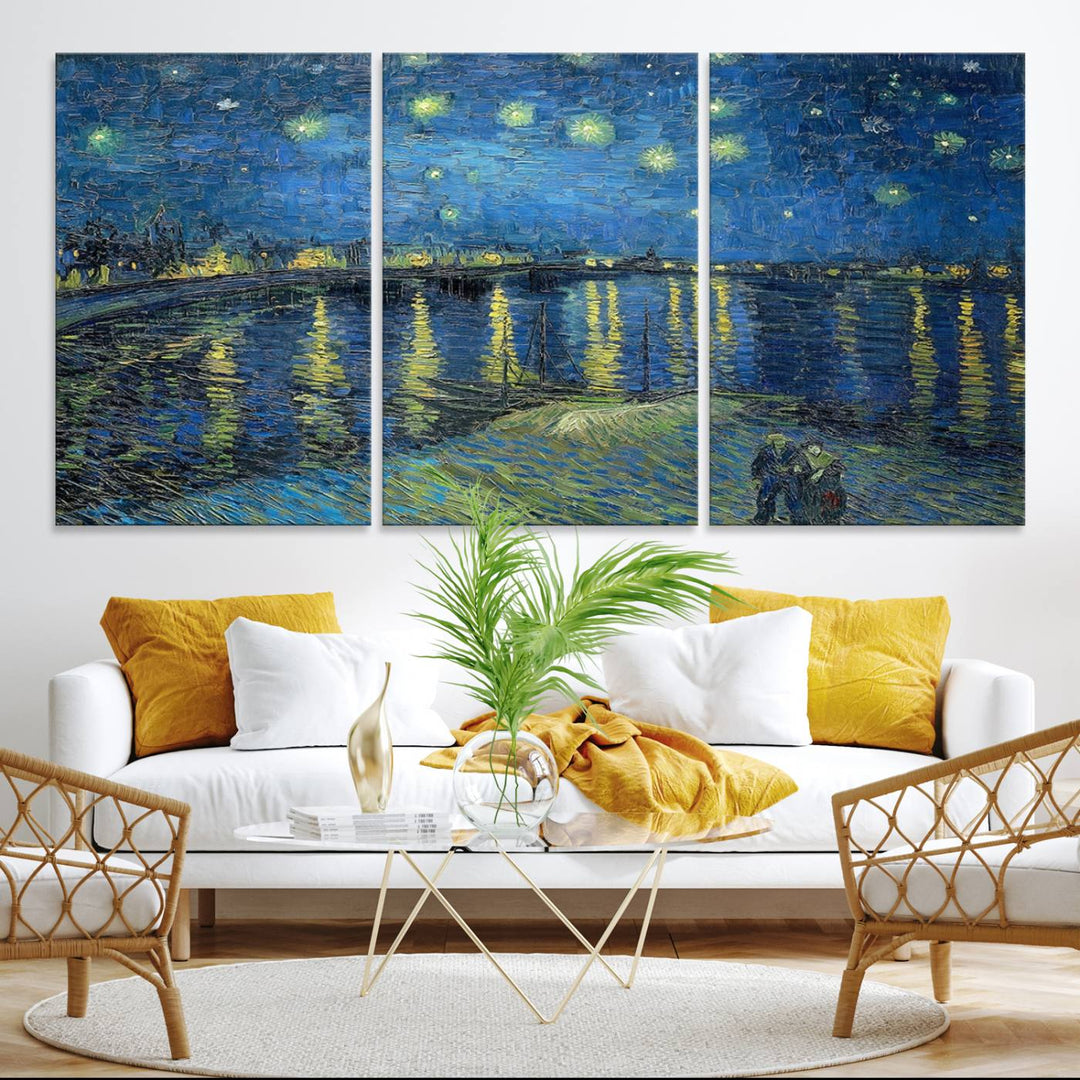 A Vincent van Gogh Starry Night over the Rhone canvas print is displayed on a porch.