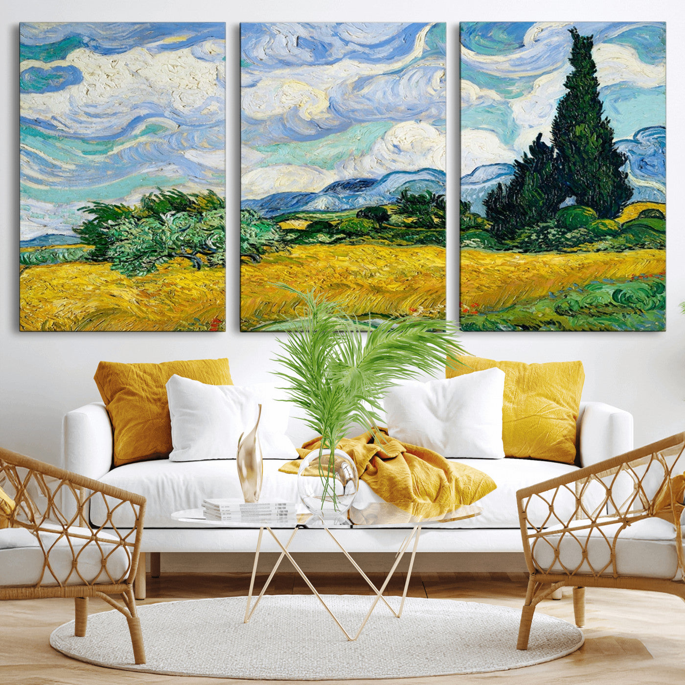 MGV-CV-60X30-3P - Wheatfield With Cypresses By Van Gogh Painting Wall Art Canvas Print