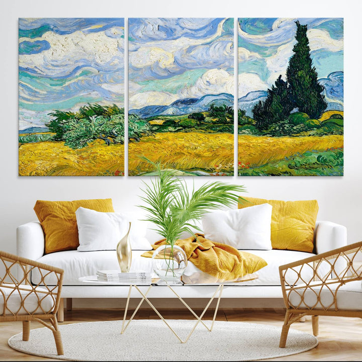 A kitchen featuring Wheatfield With Cypresses Van Gogh canvas wall art.