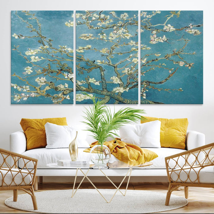 The wall art, Vincent Van Goghs Almond Blossom, stands out with its vibrant depiction against a serene blue background.