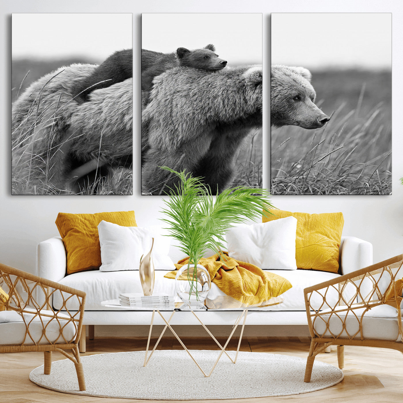 MGV-CV-60X30-3P - Bear and Cub Wall Art Canvas | 399 Bear Cub Wildlife-Inspired Animal Art for Living Room or Office | Grizzly Bear Print of Photography