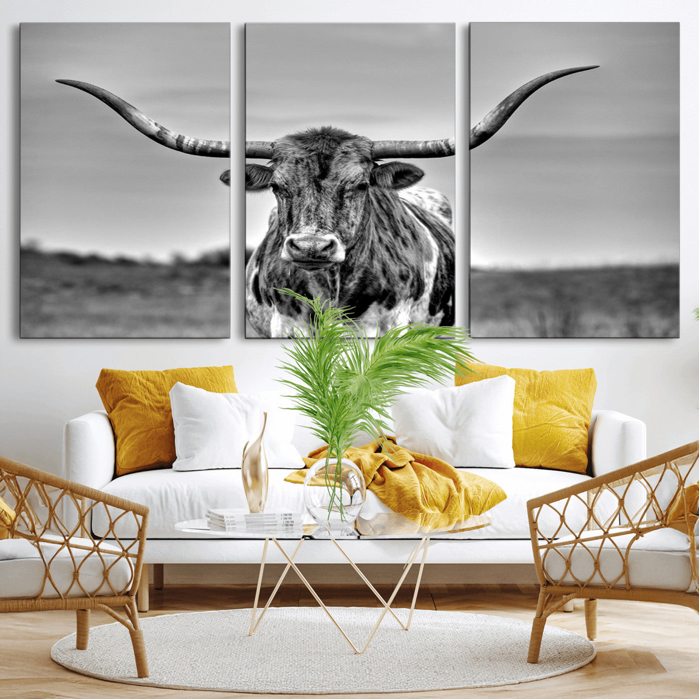MGV-CV-60X30-3P - Texas Longhorn Cpw Wall Art, Texas Longhorn Canvas, Cattle Canvas Print