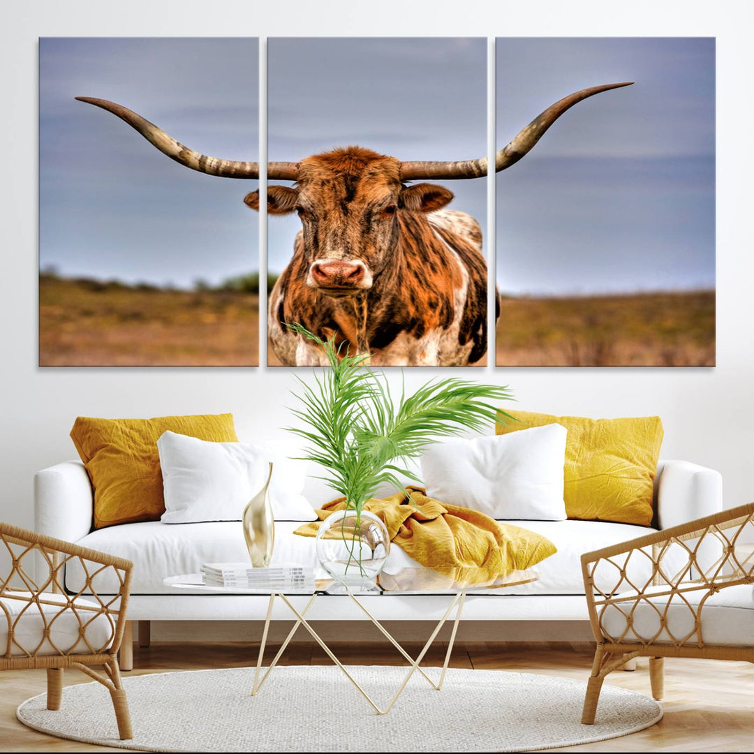 The Texas Longhorn Wall Art Print is displayed in a stylish living room.