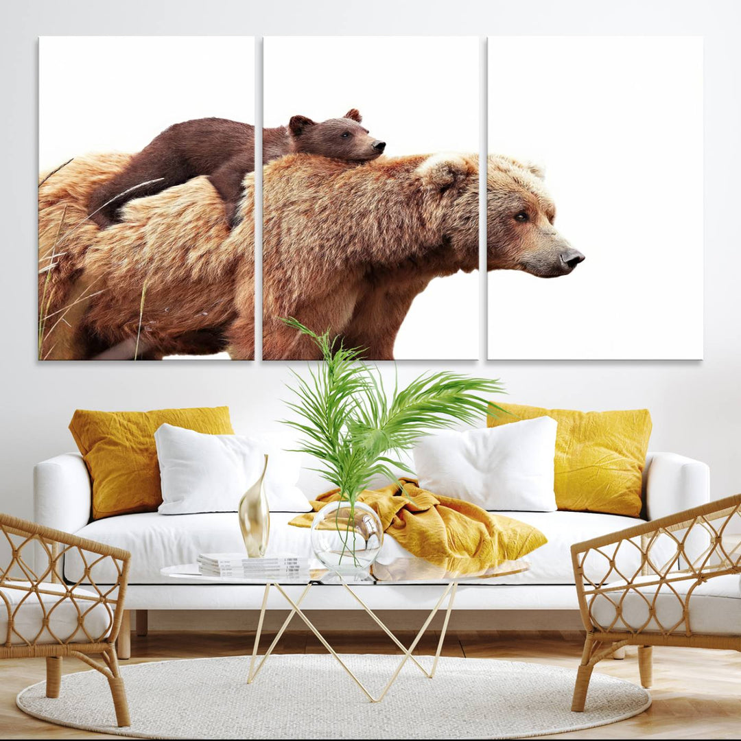 Mother and Baby Bear canvas: an adorable wildlife print displayed on a dark green wall.