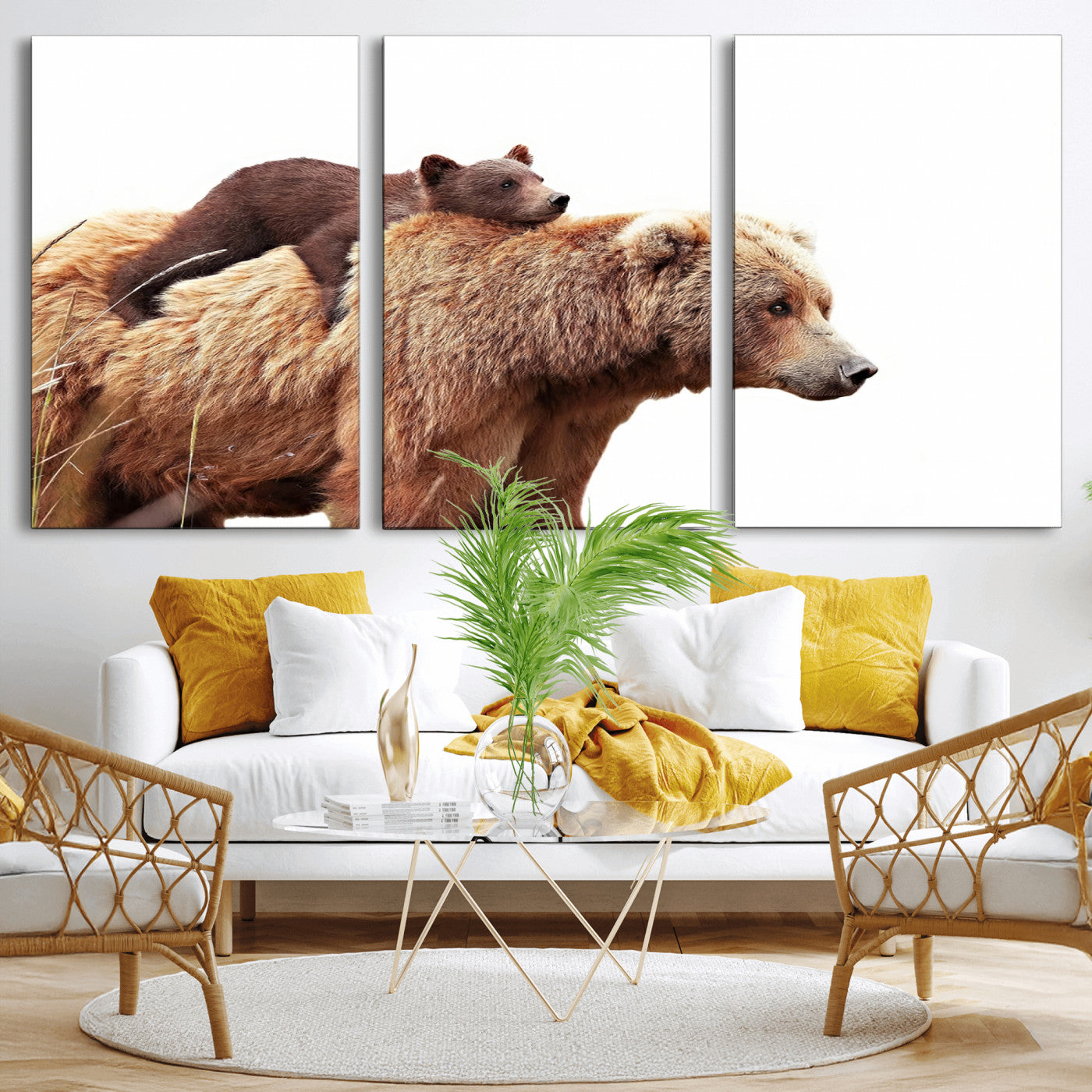 MGV-CV-60X30-3P - Mother and Baby Bear Canvas Wall Art - Adorable Wildlife Animal Print, Cozy Rustic Decor for Living Room,