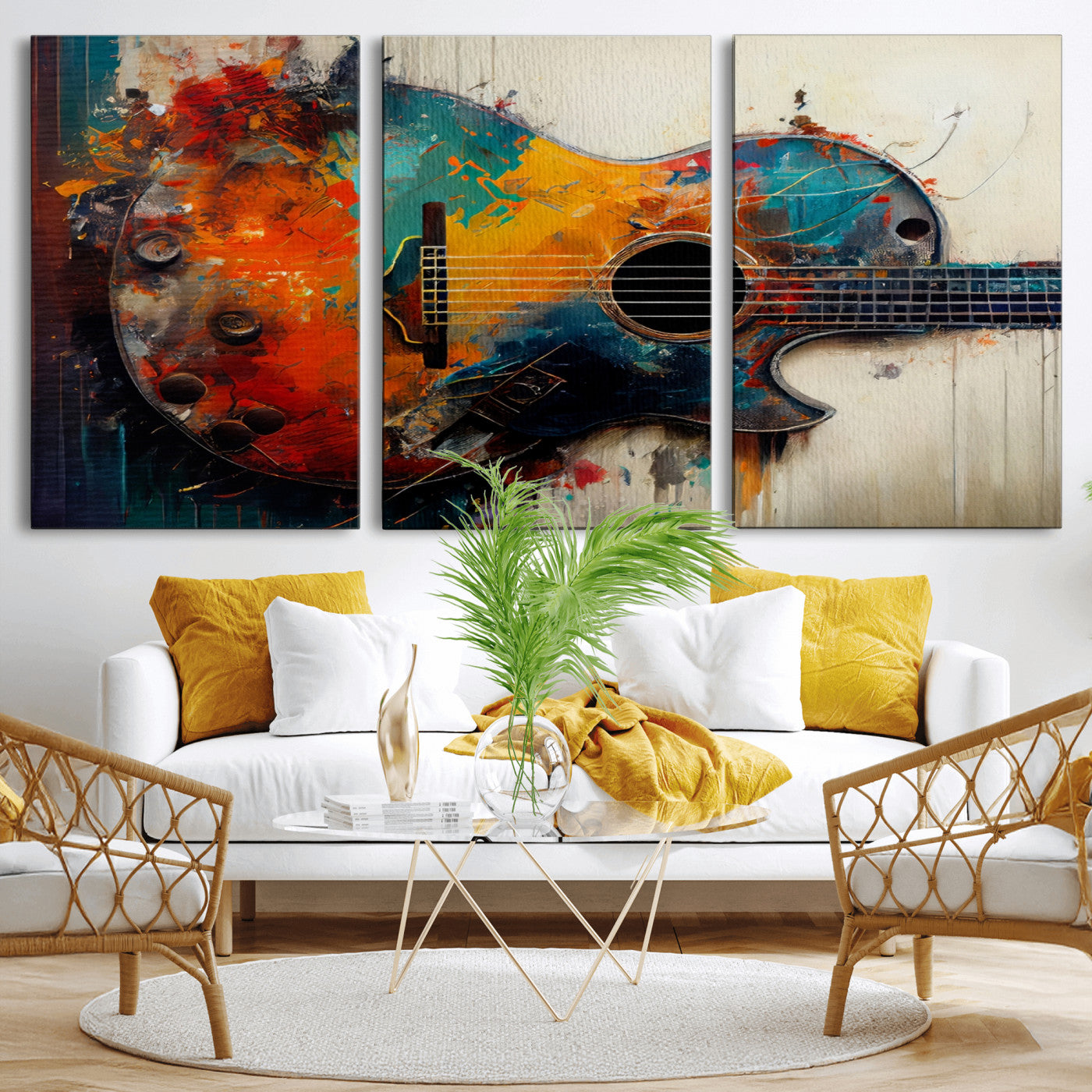 MGV-CV-60X30-3P - Abstract Guitar Wall Art Canvas | Vibrant Music-Inspired Art for Living Room or Studio | Colorful Music Decor Canvas Print