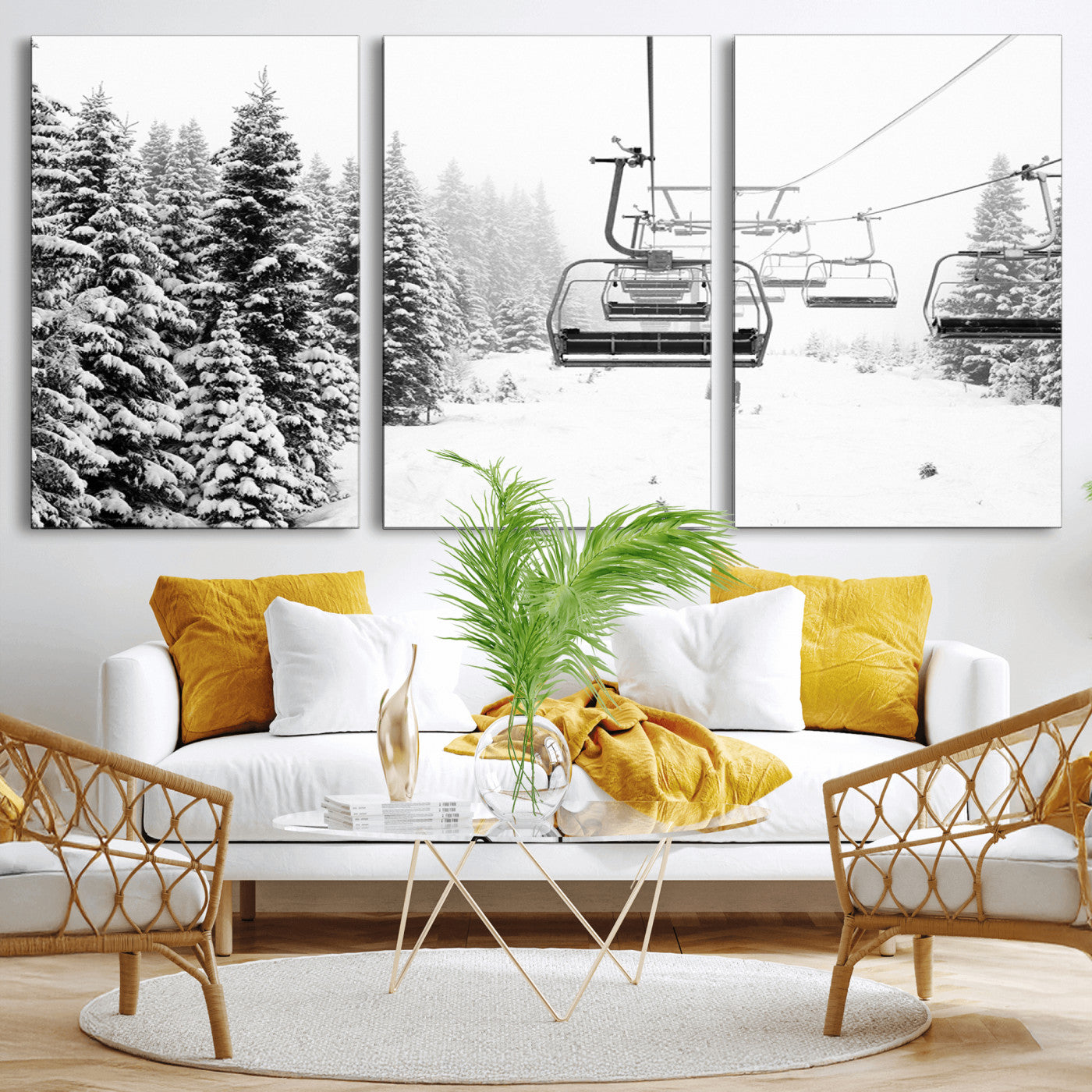 MGV-CV-60X30-3P - Winter Forest Wall Art Canvas Print, Framed Snowy Forest Art Picture Print, Winter Ski Lift Perfect