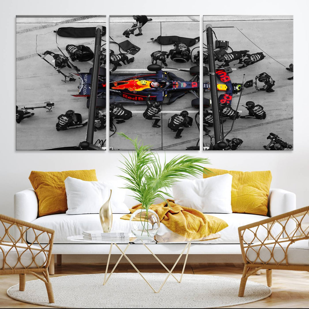 Red Bull Formula 1 Canvas Wall Art Print: An aerial view of a Formula 1 pit stop featuring a Red Bull car on premium canvas.