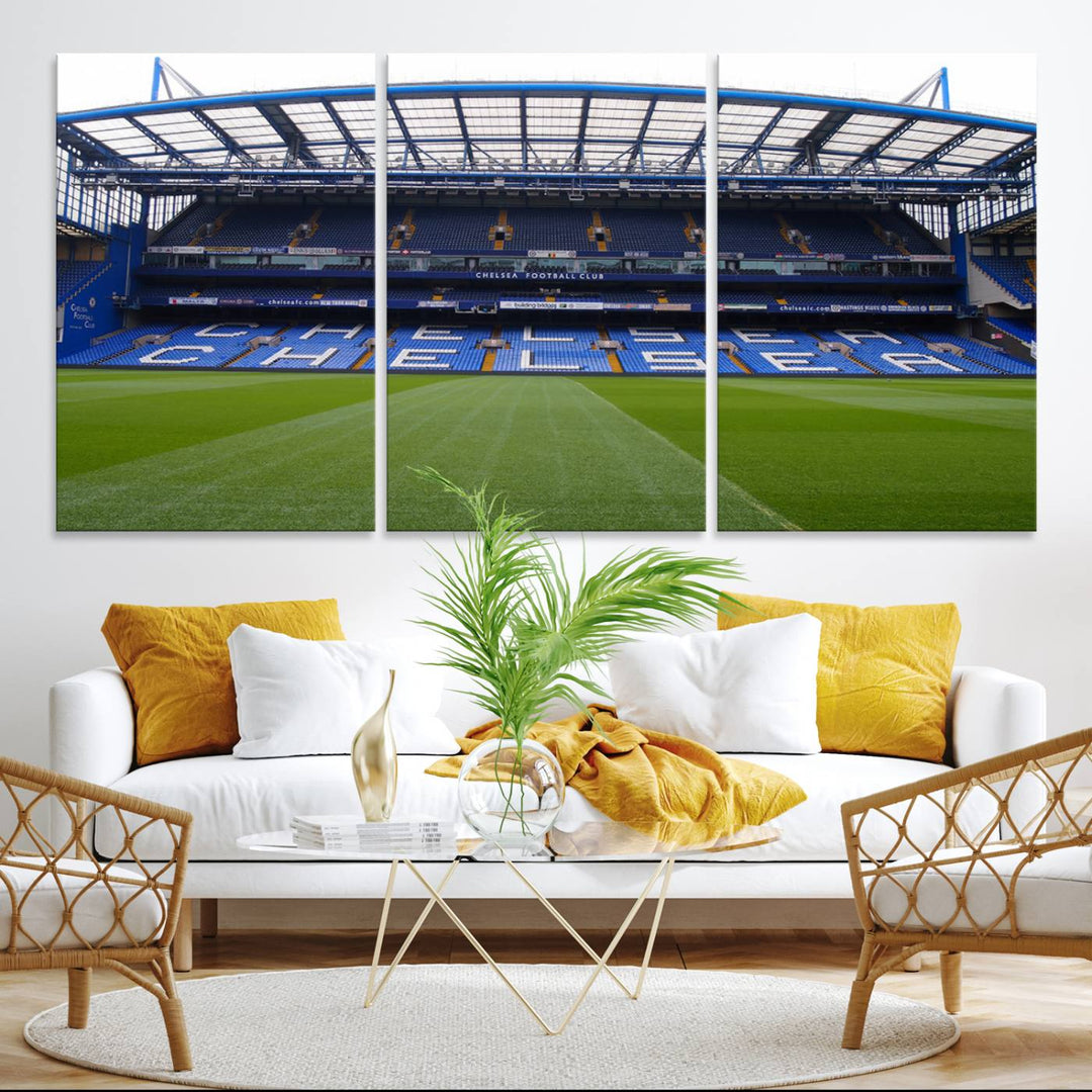 The wall art features a Chelsea FC Stamford Bridge Stadium canvas print.