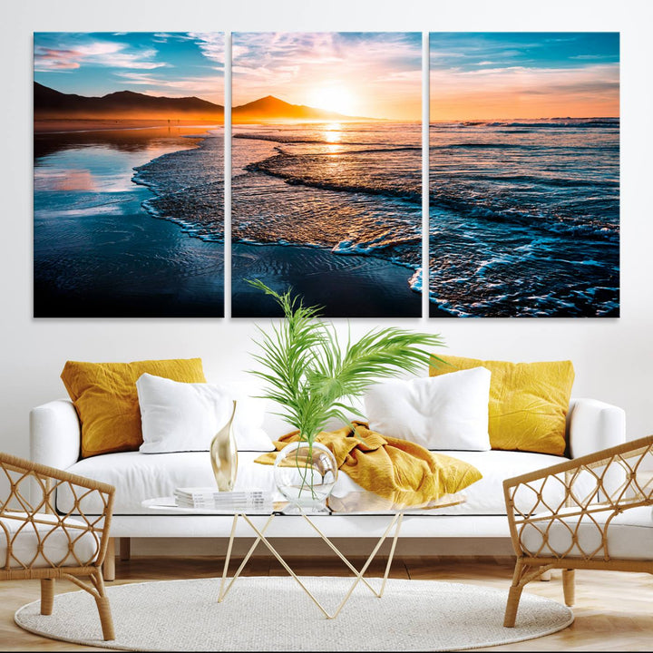 The Sunset Beach Ocean Canvas Wall Art – Tranquil Reflections at Dusk enhances the ambiance with its captivating depiction of serene ocean views at dusk.