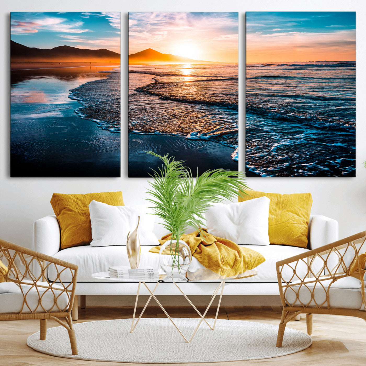 MGV-CV-60X30-3P - Sunset Beach Ocean Canvas Wall Art – Tranquil Ocean Reflections at Dusk – Ready to Hang
