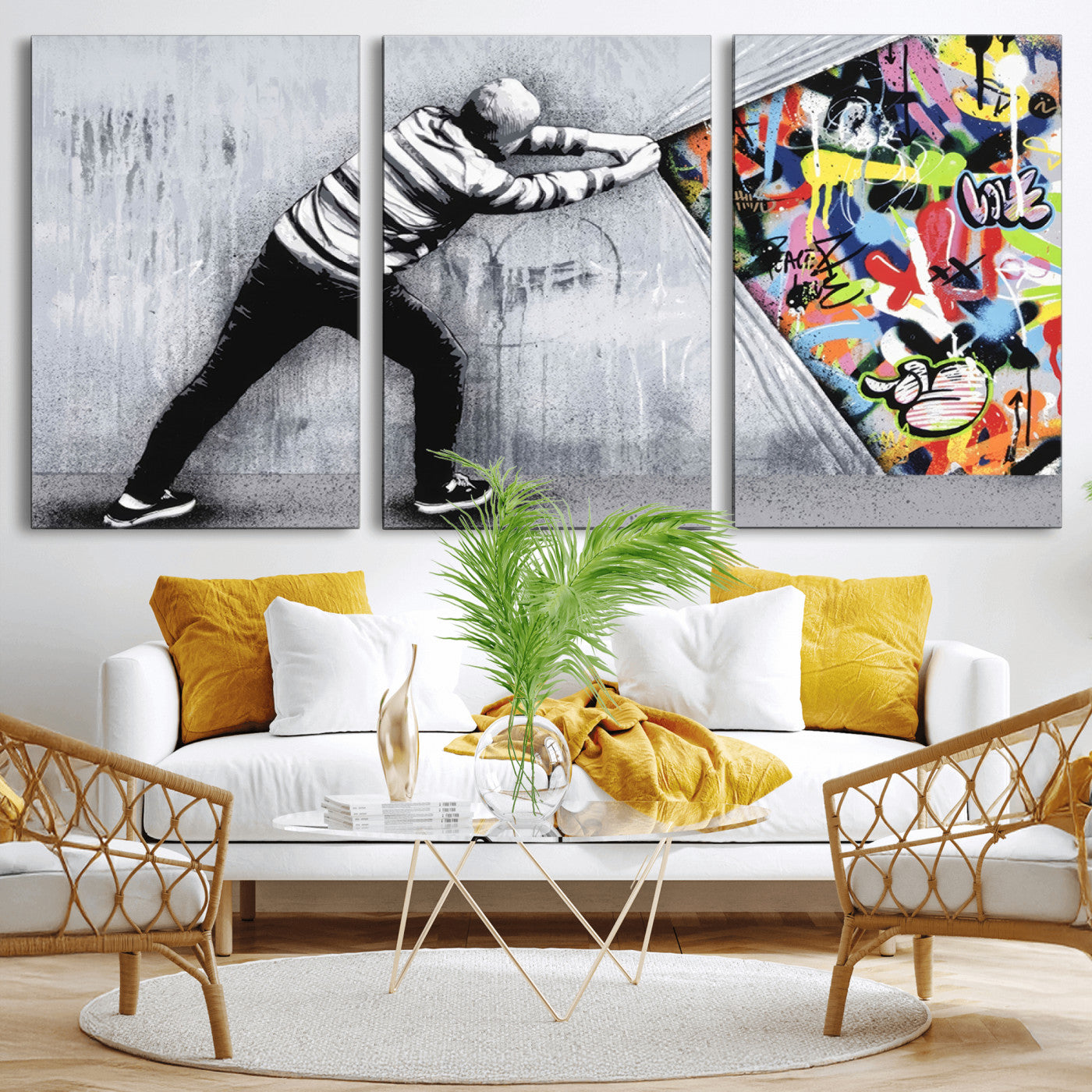 MGV-CV-60X30-3P - Banksy Art Behind the Curtain Street Wall Art Canvas Print | 3-Panel Urban Graffiti-Inspired Wall Art for Living Room or Office