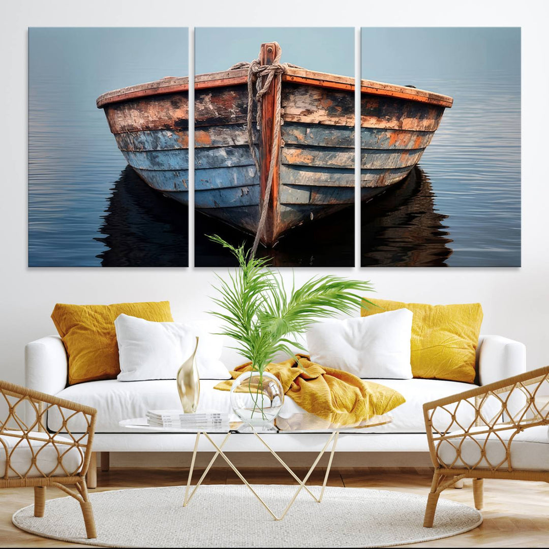 Stunning vintage boat canvas print featuring a calm water scene.