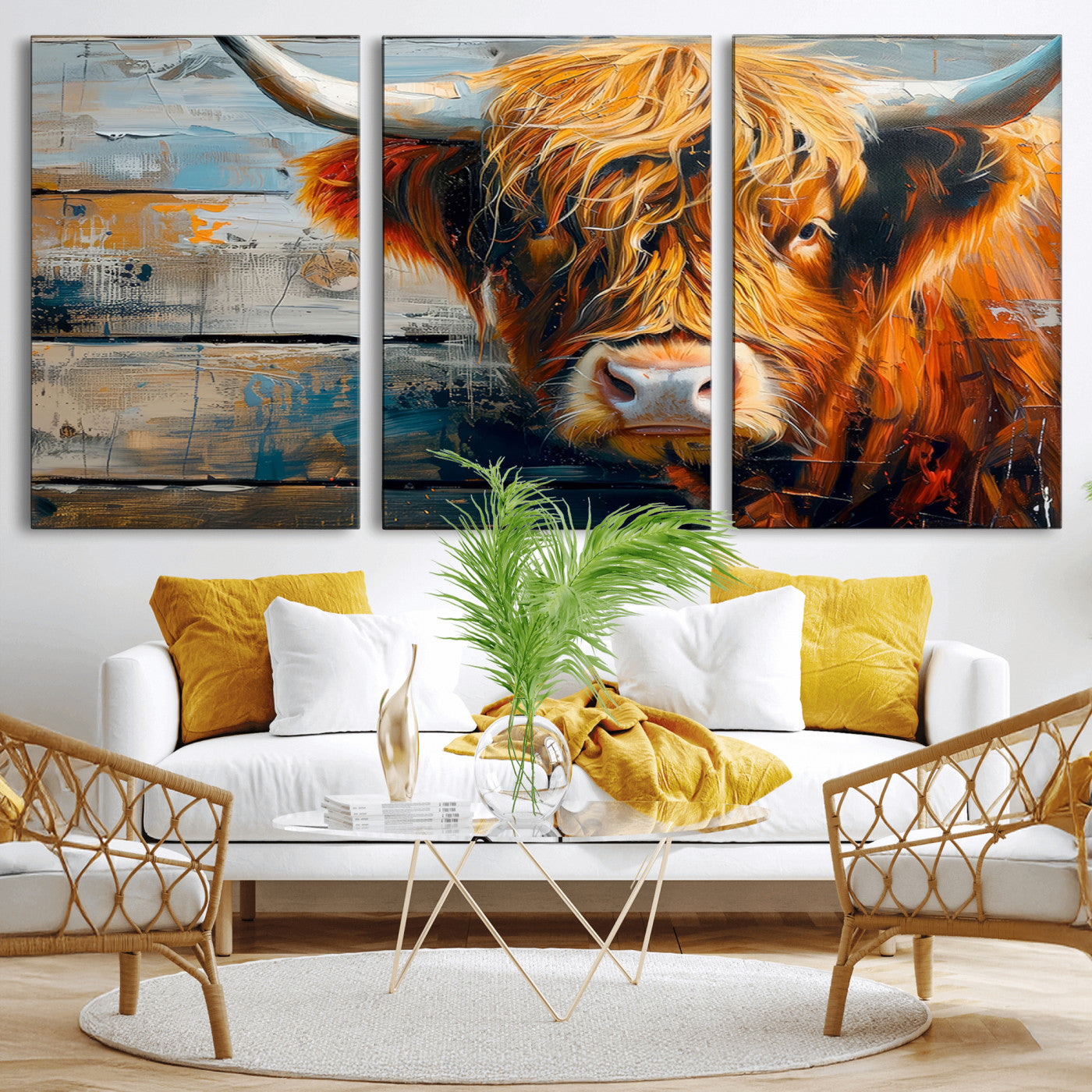 -Highland Cow Abstract Canvas Wall Art – Bold Farmhouse Rustic Decor – Ready to Hang