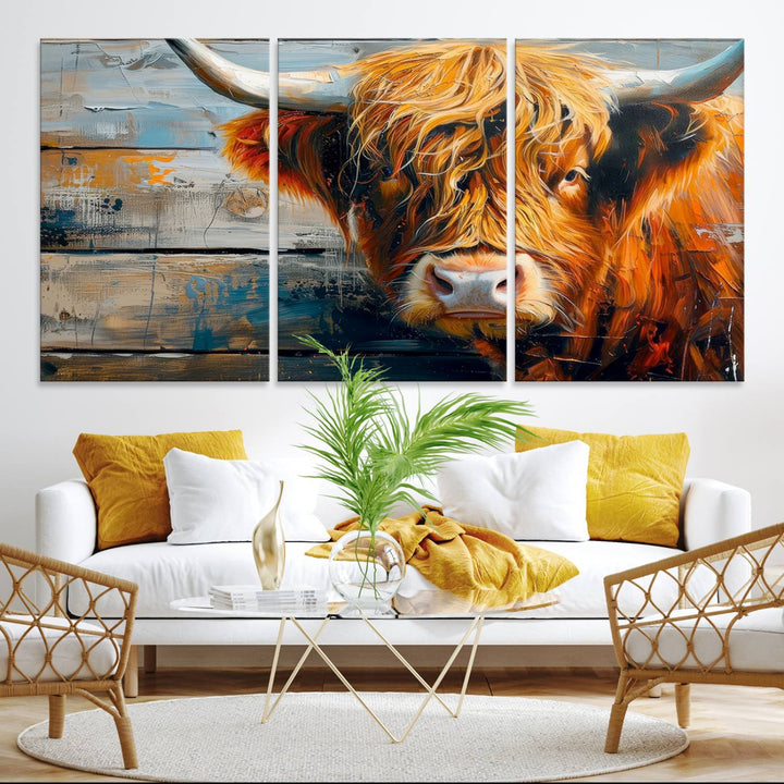 The dining room features Highland Cow Abstract Canvas Wall Art in a farmhouse rustic decor style.