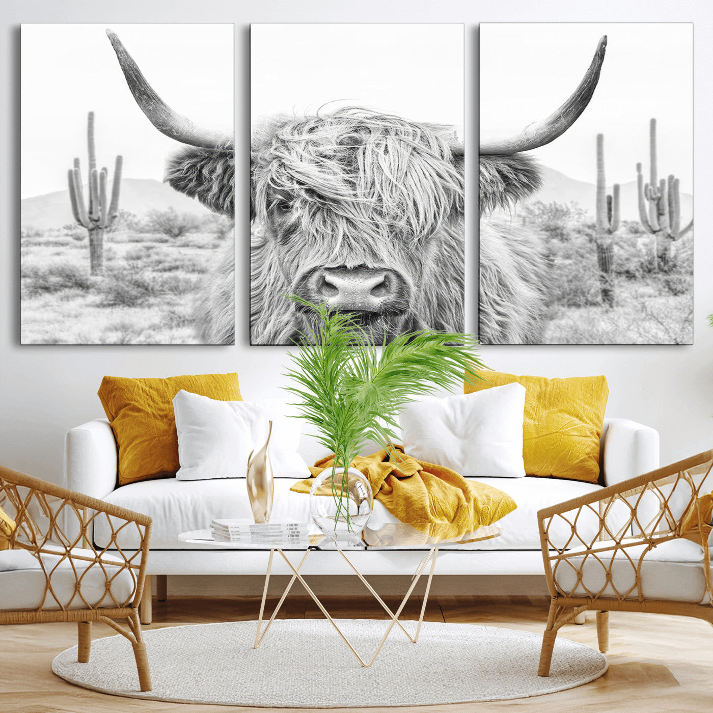 -Rustic Charm | Cow Longhorn Black White Bighorn Wall Art Canvas Print | Farmhouse Wall Art