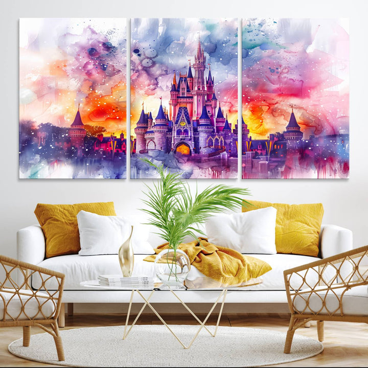 The watercolor Disney Wall Art showcases Cinderellas Castle in pink, purple, and orange hues.