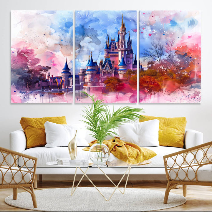 A Disney Wall Art: Dreamy Watercolor Cinderella Castle Canvas Print hangs prominently.