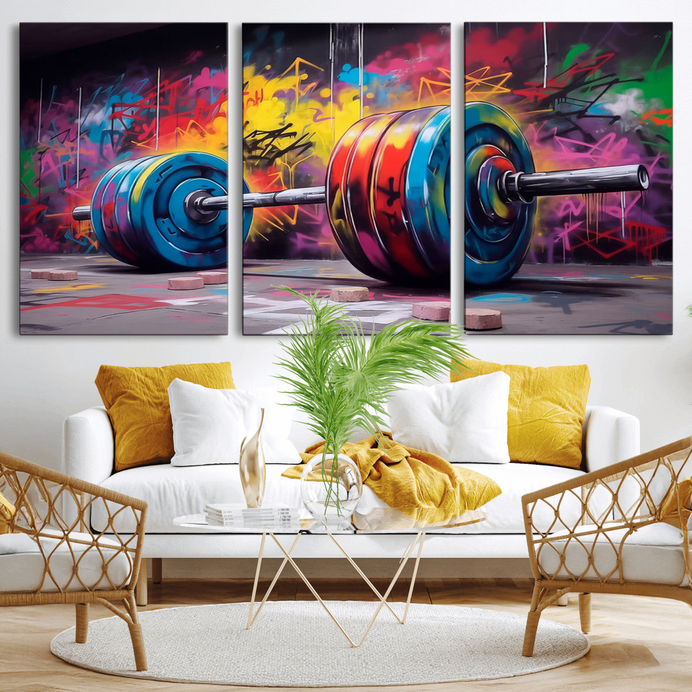 MGV-CV-60X30-3P - Abstract Graffiti Barbell Canvas Wall Art – Urban Fitness Meets Bold Street Art Print - Gym Wall Art Print
