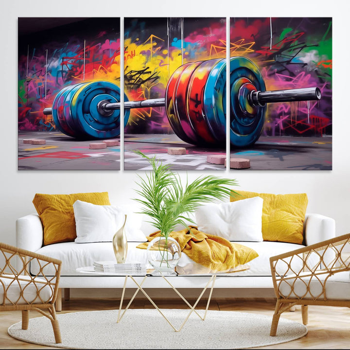 The Abstract Graffiti Barbell Canvas Wall Art is displayed on a porch.