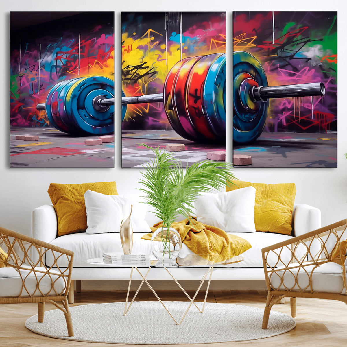 13549-MGV-CV-36X24 - Abstract Graffiti Barbell Canvas Wall Art | Urban Fitness Meets Bold Street Art