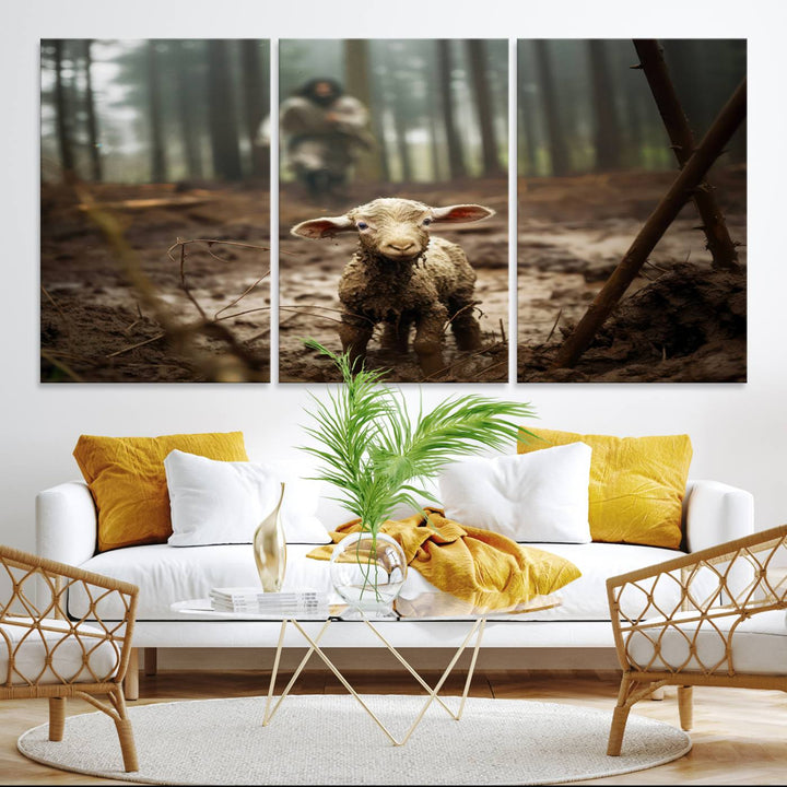 The Jesus Lost Lamb Canvas Wall Art features a heartwarming woodland scene, beautifully capturing the essence of serenity and grace.