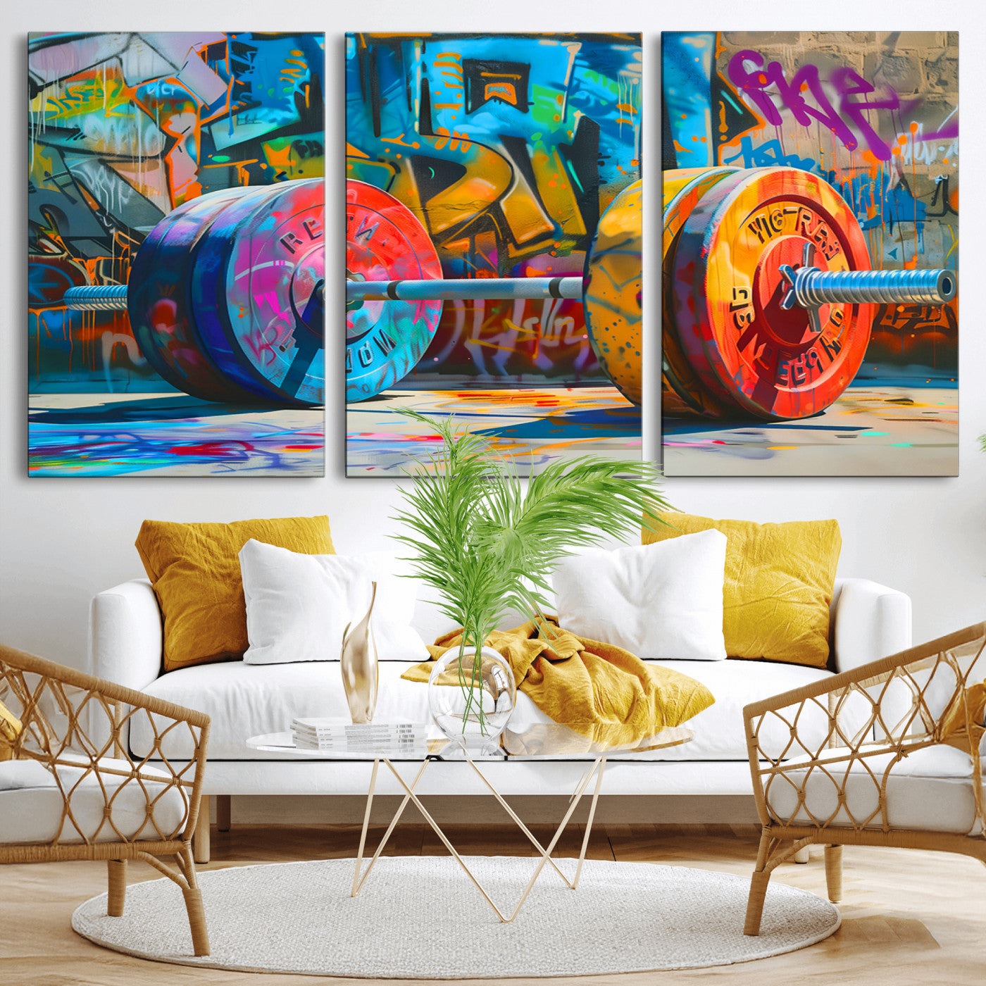 MGV-CV-60X30-3P - Fitness Gym Barbell Graffiti Wall Art Canvas Print