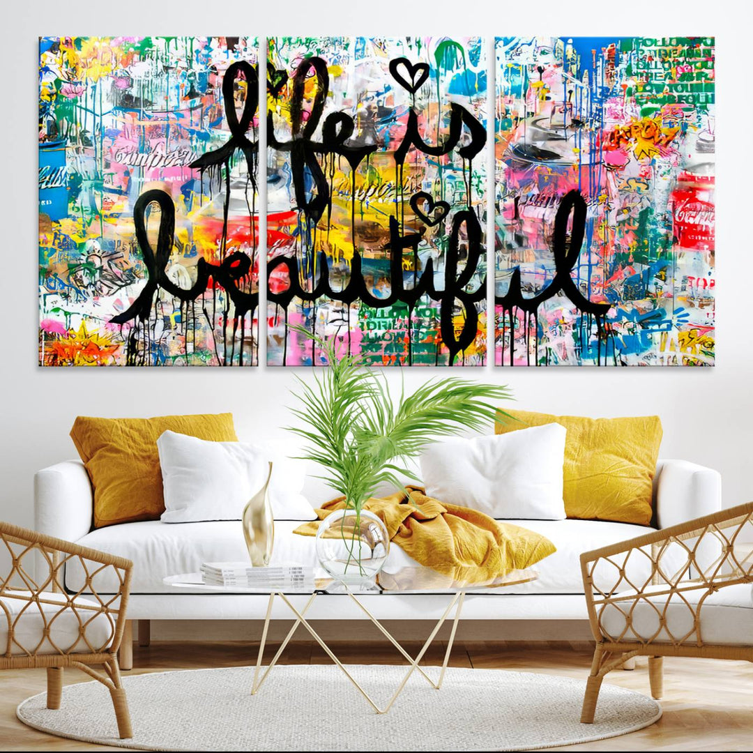 The Life Beautiful graffiti style canvas print is showcased in black script.