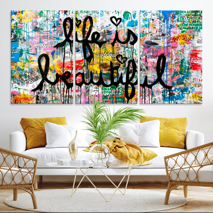 The Life Beautiful graffiti style canvas print is showcased in black script.