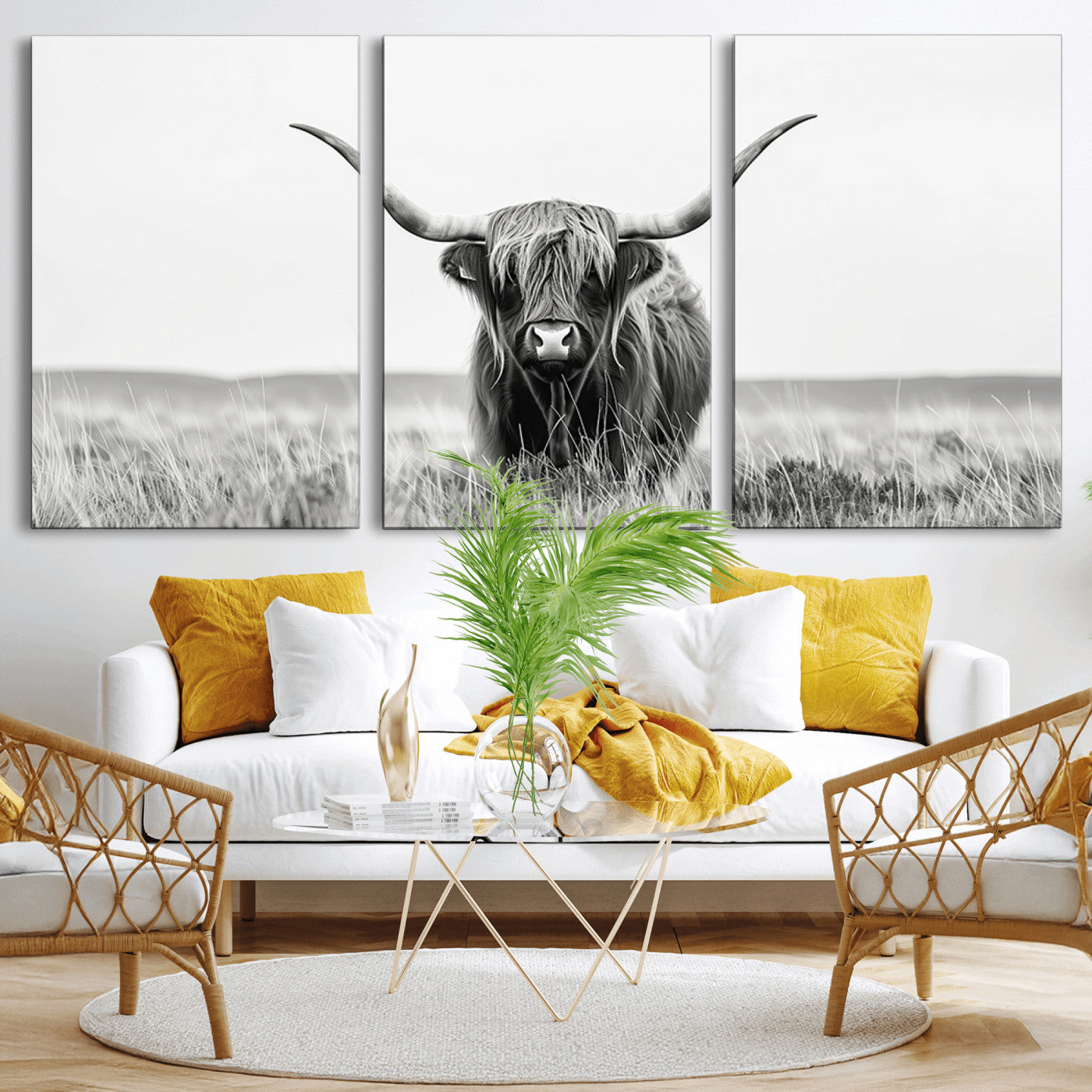MGV-CV-60X30-3P - Highland Cow Canvas Wall Art – Majestic Beauty in Black and White – Ready to Hang